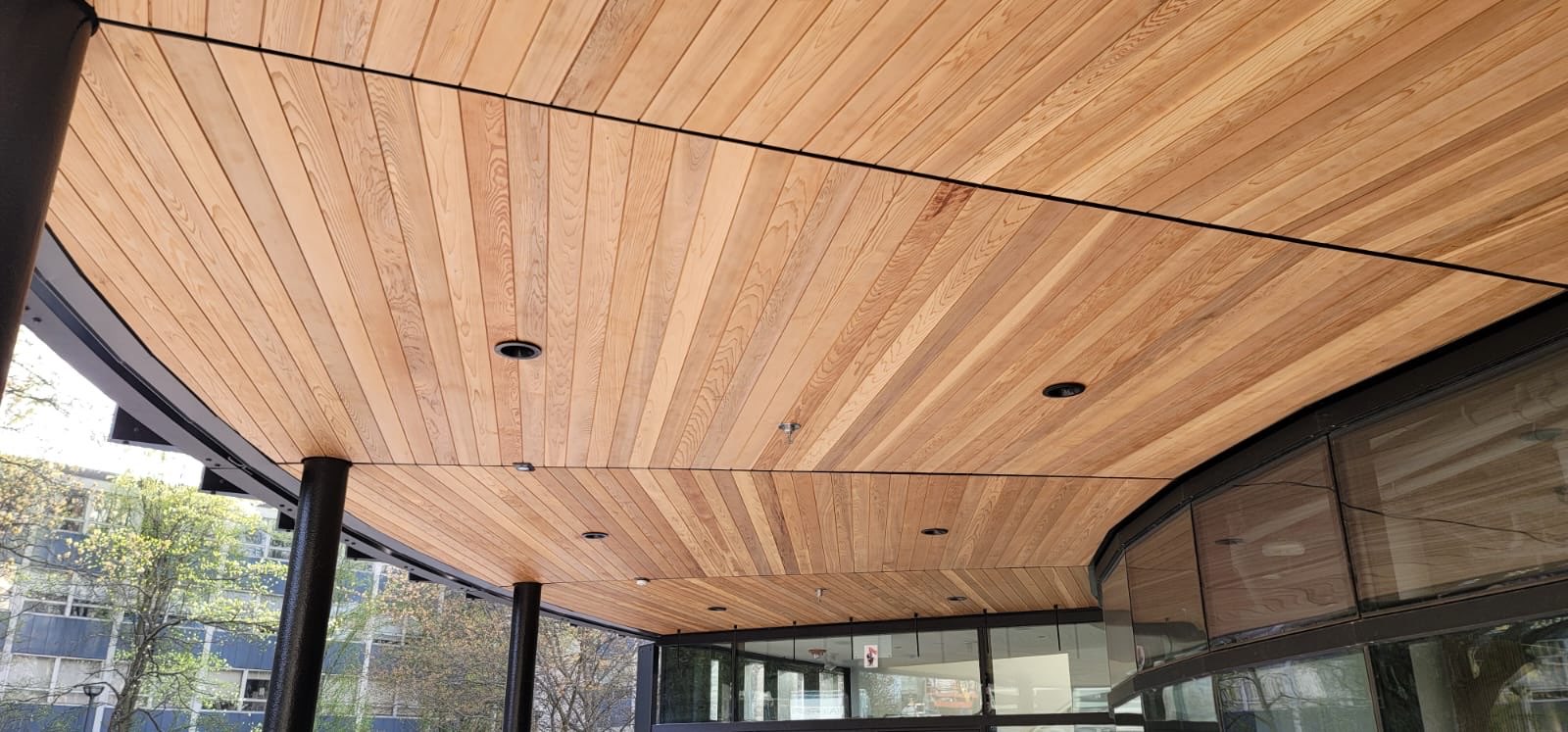 Clear cedar tongue-and-groove ceiling installed in a building